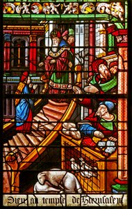 Vindue w38, der viser en scene fra Jomfru Marias liv: hendes præsentation i templet af French School