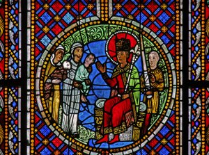 Vindue w3, der viser Salomons dom: de to mødre og barnet før Salomon af French School