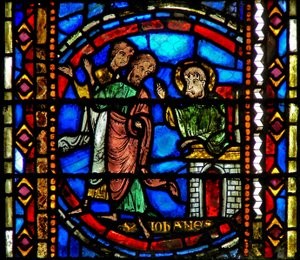 Vindue w53, der forestiller Johannes Døberen, sender sine disciple til Kristus af French School