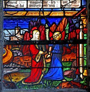 Vindue w5 forestillende Maria Magdalene; hun går i eksil og bliver guidet af en engel af French School