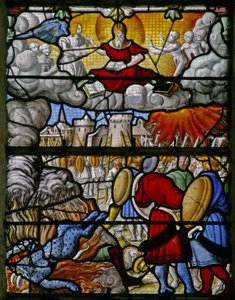 Vindue w5 skildrer en scene fra St Johns Book of the Revelation: jordens hære forårsager kaos; havet giver sine døde af French School