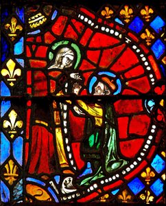 Vindue w6, der viser en scene fra Jomfru Marias liv: Josef beder Jomfru Maria om tilgivelse af French School