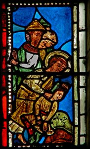 Vindue wXV, der forestiller Sankt Peter, skærer Malchus øre af af French School