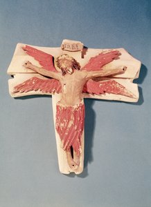 Bevinget Kristus på korset (polykrom sten)