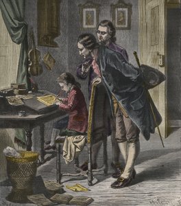 Wolfgang Amadeus Mozart skriver en koncert i nærværelse af sin far, Leopold, illustration fra 