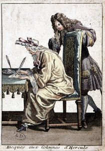 Kvinde i skjorte og nathætte skriver et brev med mand, n.d. v. 1715. af French School