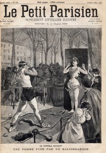 Kvinde dræbt ved et uheld under et show af saltibank på gaden, Place des Quinconces i Bordeaux. En af avisen "Le petit Parisien"" den 5/03/1893 (gravering) af French School