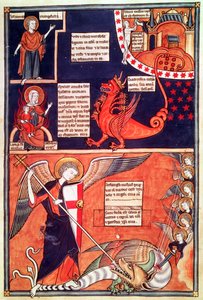 Apokalypsens kvinde bliver angrebet af den syvhovedede drage og St. Michael, der dræber dragen, fra Liber Floridus af Lambert de Saint-Omer, ca. 1120 af French School