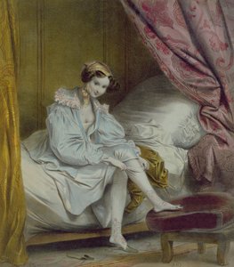 Kvinde tager strømper på, ca. 1830
