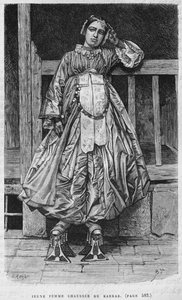 Kvinde iført kabbab, fra Syrien i dag. Rejser i Fønikien, Libanon og Judæa. 1875-1880 af Louis Charles Emile Lortet, 1884 (bw gravering) af French School