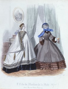 Kvinder i kappe og frakke, modetallerken fra LEcho du Moniteur de la Mode, 1856-7 af French School