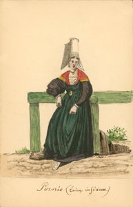Kvindedragt fra Pornic, Loire-Inferieure (farvelitografi) af French School