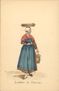Kvindedragt af en mejeriarbejder fra Rennes (farvelitografi) af French School