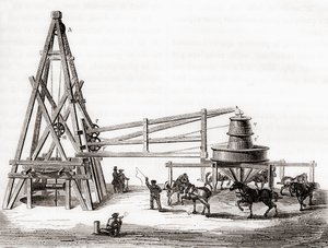 Arbejdere, der brugte karrusellen og spillet til at bore de artesiske brønde ved Grenelle, Frankrig i det 19. århundrede, fra 