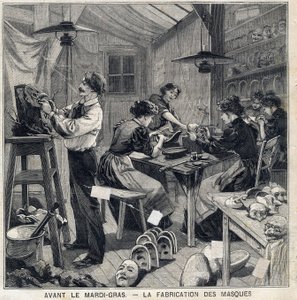 Workshop til fremstilling af masker til forklædningerne til Mardi Gras-festivalen (Mardi-Gras). I "" Le Petit Parisien"" den 14/02/1897 af French School