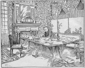Forfatteren Alexandra Dumas Jr. (1824-1895) i sit arbejdsskab. Indgravering i "La gazette du dimanche"" af 12. december 1895. af French School