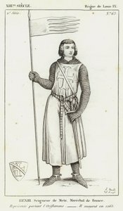 XIII århundrede, regeringstid af Ludvig IX, Henri, Lord of Metz, marskal af Frankrig, repræsenteret iført Oriflamme, Han døde i 1265 (gravering) af French School