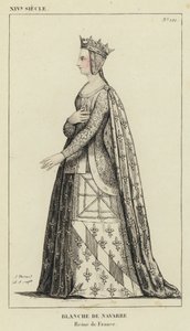 XIV Century, Blanche af Navarra, Dronning af Frankrig (farvet gravering) af French School