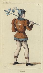 XIV Century, A Soldier (farvet gravering) af French School