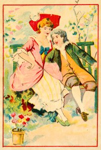 Ungt par på en bænk i en have (chromolitho) af French School