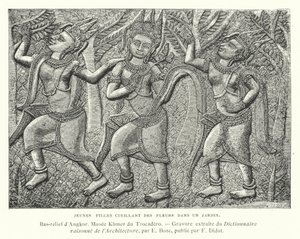 Unge piger plukker blomster i en have, basrelief fra Angkor, Cambodja (gravering) af French School