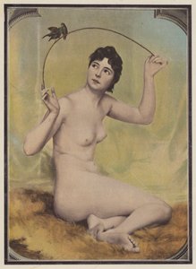 Ung nøgen kvinde med fugle (farve litho) af French School