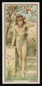 Ung kvinde i en have, lykønskningskort. (chromolitho) af French School