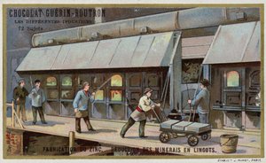 Zink fremstilling. Reducering af malm til ingots (chromolitho) af French School