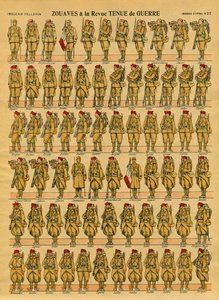 Zouaves, en fransk Armee-infanterienhed oprettet i 1830 af general Clauzel til erobringen af Algeriet. Epinal billeddannelse af French School