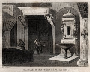 kapel hvor Napoleon blev døbt - kapel ou Napoleon a été baptise - Indgravering fra "" Italy Picturesque"" - Historisk og beskrivende maleri af Italien" af M. de Norvins, Ch. Nodier 1834-1836. af French School