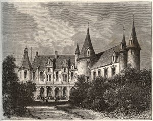 Chateau du Rocher ved Mezangers i Mayenne - indgravering i "La France illustrée: geografi, historie, statistisk administration" af V.A. Malt-Brown. 1884 af French School