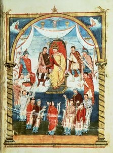 ds Lat 1 fol.423r Kong Charles II modtager en bibel fra grev Vivian og munkene i Saint-Martin de Tours, fra den første bibel af Karl den Skaldede, c.843-51 af French School