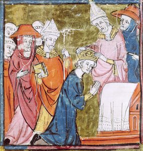 f.106r Kroningen af kejser Karl den Store (742-814) af pave Leo III (ca. 750-816) ved St. Peters, Rom i 800, Grandes Chroniques de France, 1375-79 af French School