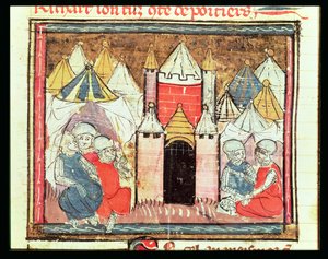 f.259r Belejringen af Chateau-Gaillard i 1204, da Philip Augustus af Frankrig (1165-1223) besejrede kong John (Lackland) af England (1199-1216), fra Grandes Chroniques de France, 1375-79 af French School