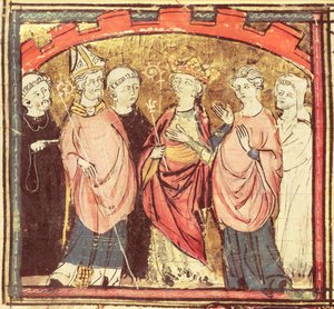 f.73r Dagobert I (605-39), konge af frankerne, der modtog kongeriget Frankrig, fra Grandes Chroniques de France, 1375-79 af French School