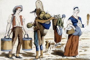 Illustration af kostumer i Paris i det 18. århundrede: vandbærer, melonhandler, chiffonnier, fornøjelseshandler. af French School
