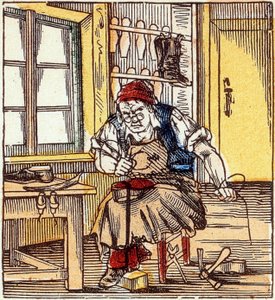 erhverv: skomager, der reparerer en sål, slutningen af 1800-tallet (gravering) af French School