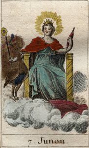 repræsentation af den guddommelige Juno, dronning af guder og himlen, hun er søster og hustru til Jupiter (repræsentation af Juno, gudernes dronning, hustru og søster til Jupiter). Fra "Mythology of Youth" af Pierre Blanchard 1803. af French School
