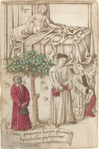 En abe i lilla med en syg mand, en god mand og en gnier [fol. 36 verso]