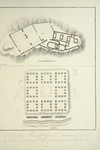 Plan over en befæstet inkabolig i Assuay; og ruinerne af den antikke peruvianske by Chulucanas, graveret af Bouquet, illustration fra 