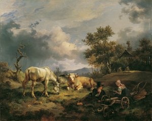 Ungt bondepar hviler på marken af Friedrich August Mathias Gauermann