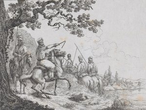 Kosakker rider langs en flodbred, 1814. af Friedrich August de La Belle