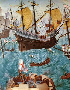 Indskibning af Henry VIII 1491-1547 om bord på Henry Grace a Dieu i 1520, kopieret fra et maleri af Vincent Volpi olie på lærredsdetaljer fra 148771