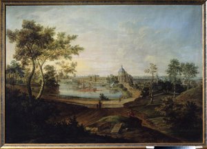 ""Udsigt over det kongelige palads i Oranienbaum, nuværende Lomonossov i Rusland"" (Udsigt over det store palads i Oranienbaum) Bygget af arkitekt Antonio Rinaldi til kejserinde Catherine II den Store. Maleri af Friedrich Hartmann Barisien (1724-1796) 1758 af Friedrich Hartmann Barisien