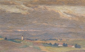 Aftenlandskab med kirketårn af Friedrich Hasslwander