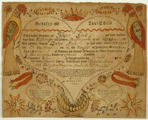 Fødsels- og dåbsattest, ca. 1790-1800 (tusch, akvarel og gravering på bindet papir) af Friedrich Krebs