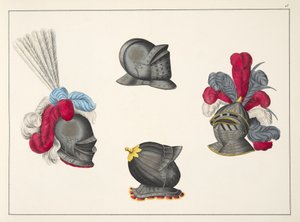 Hjelme, plade fra "A History of the Development and Customs of Chivalry", af Dr. Franz Kottenkamp, udgivet af Carl Hoffmann, 1842 af Friedrich Martin von Reibisch