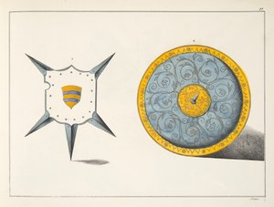 Skjolde, plade fra "A History of the Development and Customs of Chivalry", af Dr. Franz Kottenkamp, udgivet af Carl Hoffmann, 1842 af Friedrich Martin von Reibisch