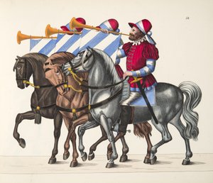 Tre musikere ved en turnering, tavle fra A History of the Development and Customs of Chivalry, af Dr. Franz Kottenkamp, udgivet af Carl Hoffmann, 1842 af Friedrich Martin von Reibisch