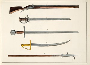 Våben inklusive sværd og spyd, ca. 1400, plade fra A History of the Development and Customs of Chivalry, af Dr. Franz Kottenkamp, udgivet af Carl Hoffmann, 1842